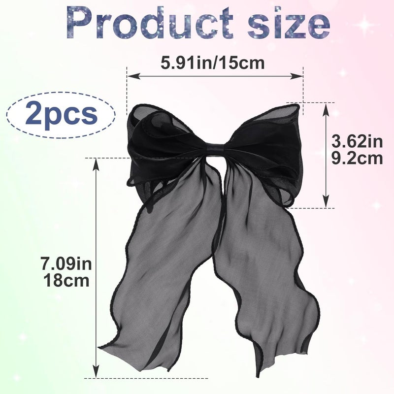 STSTR 2Pcs Large Hair Bow Clips, Black Silk Yarn Ribbon Bow Hair Barrette for Women, Elegant Long Tail Bowknot French Hair Accessories for Wedding, Parties, Festivals - Image 2